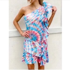 Alla Berman Leila One Shoulder Tie Dye Ruffle Mini Dress NWT
